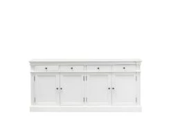 Amaretta Buffet Ancien Vieux Blanc Patiné Avec 4 Portes Et 4 Tiroirs, Largeur 186 Cm, Hauteur 86 Cm.