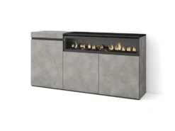 Buffet Salon Et Cuisine, 150x75x35cm, 3 Portes, Cheminée électrique, Ciment