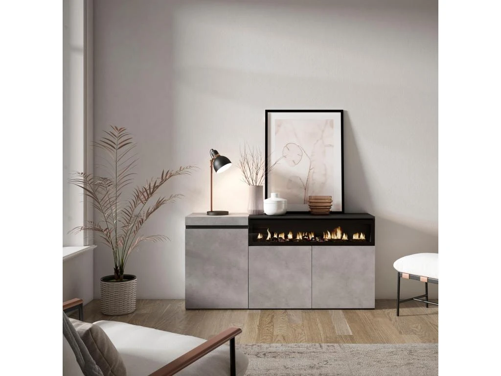 Buffet Salon Et Cuisine, 150x75x35cm, 3 Portes, Cheminée électrique, Ciment 2 Buffet Salon Et Cuisine, 150x75x35cm, 3 Portes, Cheminée électrique, Ciment – Image 2