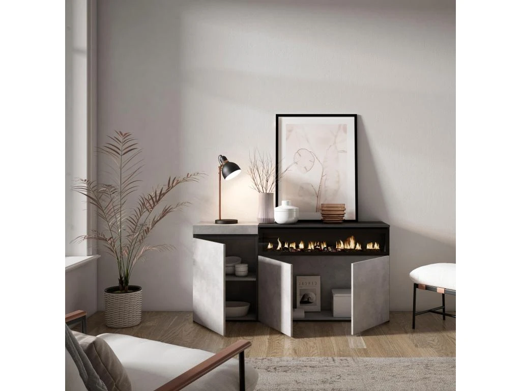 Buffet Salon Et Cuisine, 150x75x35cm, 3 Portes, Cheminée électrique, Ciment 3 Buffet Salon Et Cuisine, 150x75x35cm, 3 Portes, Cheminée électrique, Ciment – Image 3