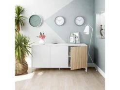 Buffet 3 Portes Battantes Blanc/Bois Clair - YANA - L 154 X L 40 X H 74 Cm