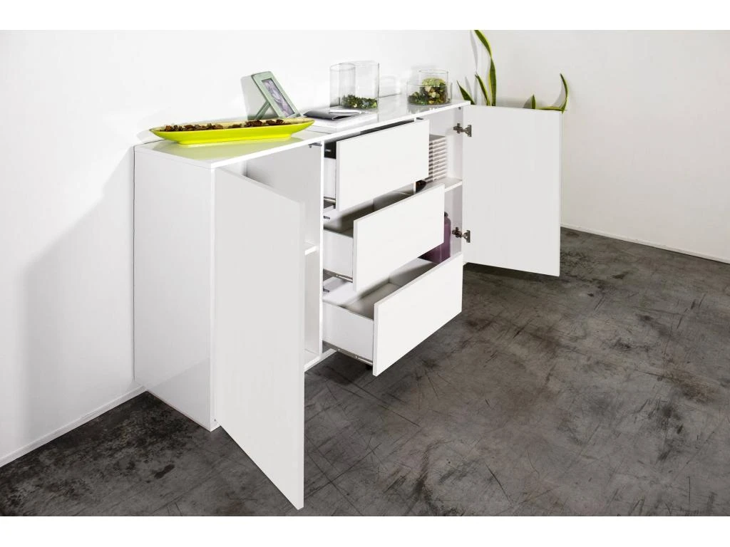 Placard Dmorac, Buffet De Cuisine Avec 2 Portes Et 3 Tiroirs, Buffet De Salon, 100% Made In Italy, Cm 160x41h86, Blanc Brillant 3 Placard Dmorac, Buffet De Cuisine Avec 2 Portes Et 3 Tiroirs, Buffet De Salon, 100% Made In Italy, Cm 160x41h86, Blanc Brillant – Image 3