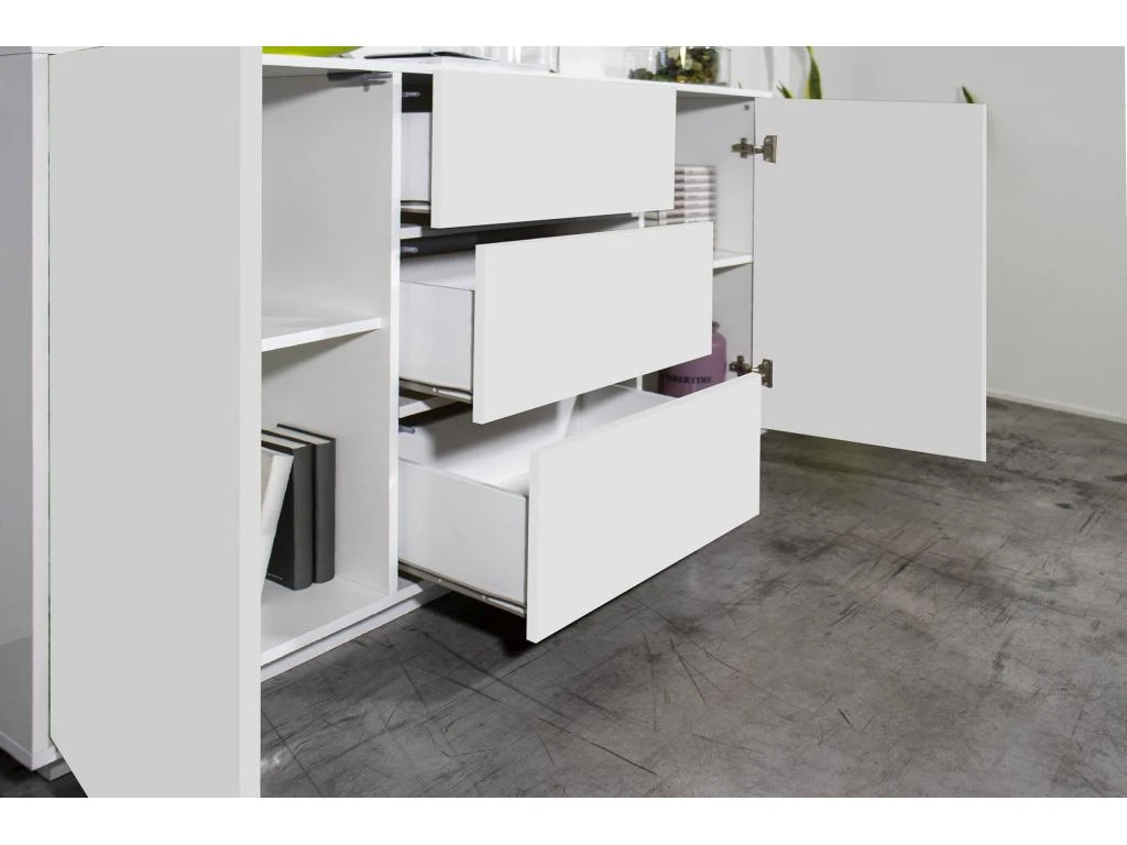 Placard Dmorac, Buffet De Cuisine Avec 2 Portes Et 3 Tiroirs, Buffet De Salon, 100% Made In Italy, Cm 160x41h86, Blanc Brillant 4 Placard Dmorac, Buffet De Cuisine Avec 2 Portes Et 3 Tiroirs, Buffet De Salon, 100% Made In Italy, Cm 160x41h86, Blanc Brillant – Image 4