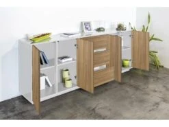 Placard Dnast, Buffet De Cuisine Avec 4 Portes Et 3 Tiroirs, Buffet De Salon, 100% Made In Italy, 220x41h86 Cm, Blanc Brillant Et Noyer -Deco.fr Soldes Boutique buffet 22846741