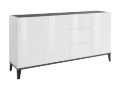 Placard Dlong, Buffet De Cuisine Avec 3 Portes Et 3 Tiroirs, Buffet De Salon, 100% Made In Italy, Cm 160x40h82, Blanc Brillant Et Ardoise