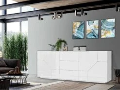 Placard Dmazz, Buffet De Cuisine Avec 4 Portes Et 3 Tiroirs, Buffet De Salon, 100% Made In Italy, Cm 220x43h86, Blanc Brillant -Deco.fr Soldes Boutique buffet 22846979