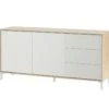 Buffet Haut Dbog, Buffet Moderne Avec 2 Portes Et 3 Tiroirs, Buffet Du Salon, Meuble TV, Buffet Pour Le Salon, 154x41h74 Cm, Chêne Et Blanc -Deco.fr Soldes Boutique buffet 22847961
