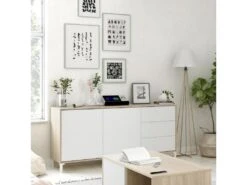 Buffet Haut Dbog, Buffet Moderne Avec 2 Portes Et 3 Tiroirs, Buffet Du Salon, Meuble TV, Buffet Pour Le Salon, 154x41h74 Cm, Chêne Et Blanc -Deco.fr Soldes Boutique buffet 22847963