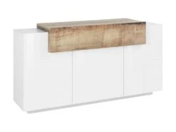 Placard Dmem, Buffet De Cuisine à 3 Portes, Buffet De Salon, 100% Made In Italy, 160x45h86 Cm, Blanc Brillant Et Érable