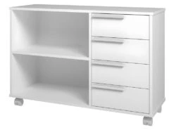 Meuble Crédence 4 Tiroirs 2 Niches à Roulettes Blanc