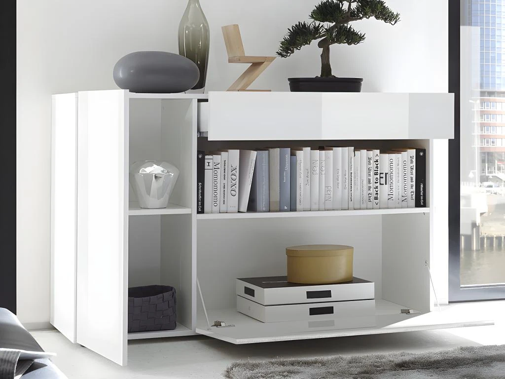 Buffet ALTAIR - 2 Portes & 1 Tiroir - Coloris : Blanc Laqué 3 Buffet ALTAIR - 2 Portes & 1 Tiroir - Coloris : Blanc Laqué – Image 3