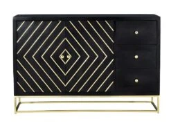 Buffet Art Déco PRISMIN - 3 Tiroirs & 2 Portes - Bois De Manguier Et Métal - Noir Et Doré -Deco.fr Soldes Boutique buffet 387485