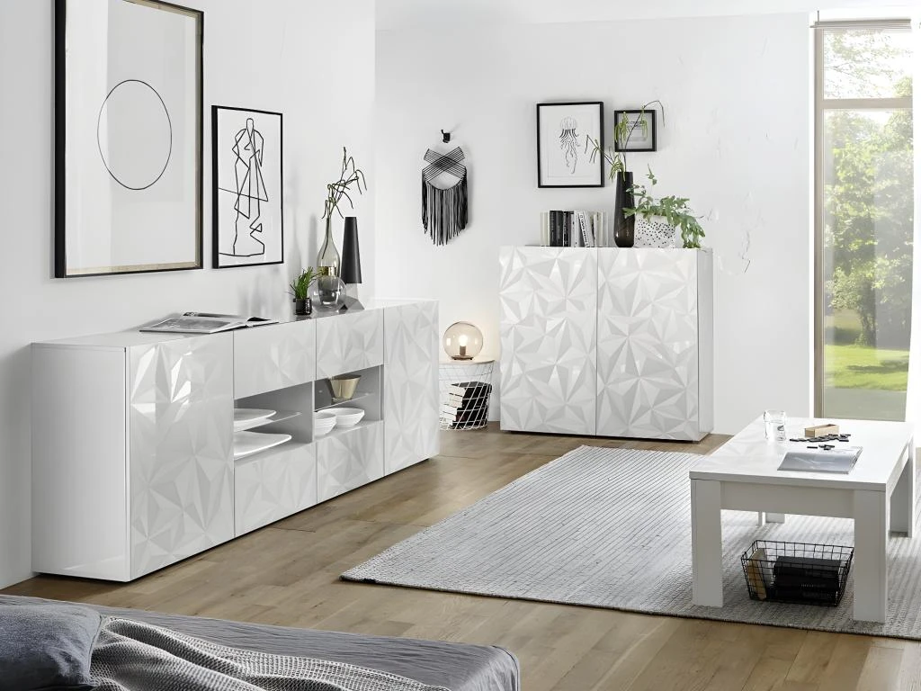 Buffet ERIS - 2 Portes & 4 Tiroirs - Blanc Laqué 1 Buffet ERIS - 2 Portes & 4 Tiroirs - Blanc Laqué