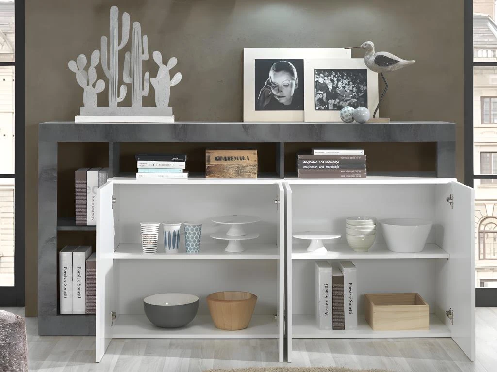 Buffet SEFRO - 4 Portes Et 4 Niches - Blanc Laqué Et Béton 3 Buffet SEFRO - 4 Portes Et 4 Niches - Blanc Laqué Et Béton – Image 3