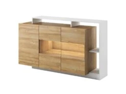 Buffet 3 Portes Et 3 Niches - Avec LEDs - Coloris : Naturel Et Blanc - IDESIA -Deco.fr Soldes Boutique buffet 4417643