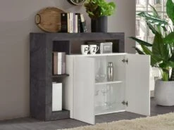 Buffet SEFRO - 2 Portes Et 3 Niches - Blanc Laqué Et Béton -Deco.fr Soldes Boutique buffet 487589