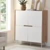 Buffet Haut Avec 4 Portes - MDF Et Métal - Blanc Laqué Et Naturel - CAYANA -Deco.fr Soldes Boutique buffet 751325