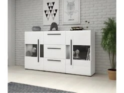 Buffet 180cm Collection BREDA Deux Portes Partiellement Vitrées Et Trois Tiroirs. Coloris Blanc. -Deco.fr Soldes Boutique buffet 8932839