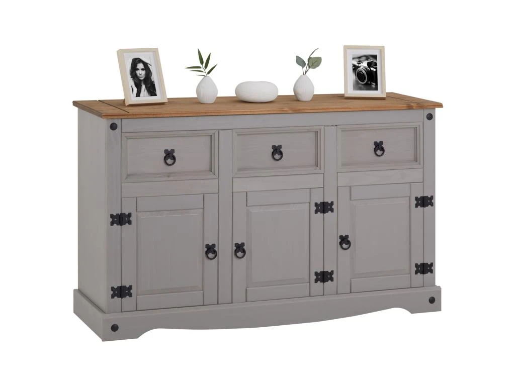 Buffet RAMON Commode Bahut Vaisselier En Pin Massif Gris Et Brun Avec 3 Tiroirs 3 Portes, Meuble De Rangement Style Mexicain En Bois 1 Buffet RAMON Commode Bahut Vaisselier En Pin Massif Gris Et Brun Avec 3 Tiroirs 3 Portes, Meuble De Rangement Style Mexicain En Bois