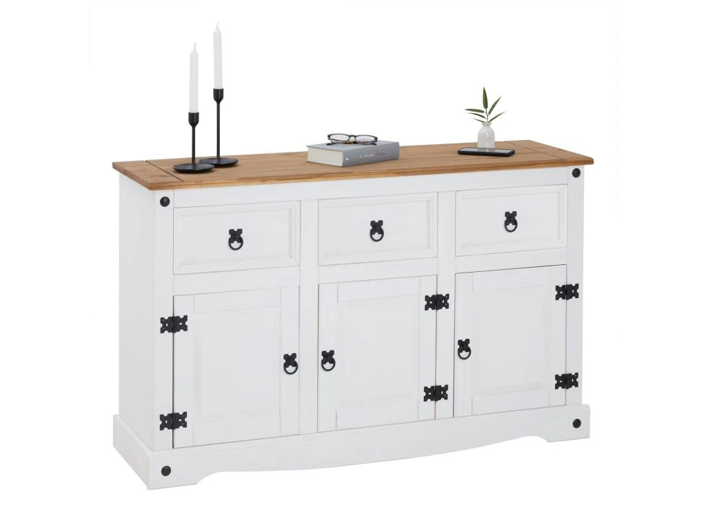 Buffet CAMPO Commode Bahut Vaisselier En Pin Massif Blanc Et Brun Avec 3 Tiroirs 3 Portes Meuble De Rangement Style Mexicain En Bois 1 Buffet CAMPO Commode Bahut Vaisselier En Pin Massif Blanc Et Brun Avec 3 Tiroirs 3 Portes Meuble De Rangement Style Mexicain En Bois