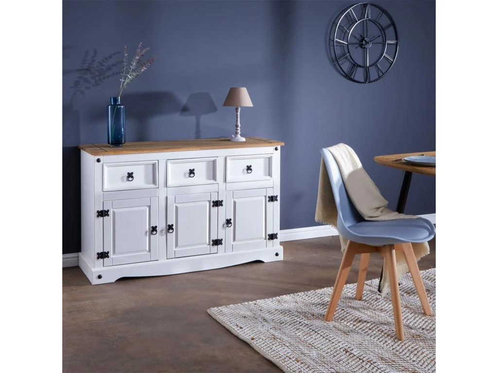 Buffet CAMPO Commode Bahut Vaisselier En Pin Massif Blanc Et Brun Avec 3 Tiroirs 3 Portes Meuble De Rangement Style Mexicain En Bois 2 Buffet CAMPO Commode Bahut Vaisselier En Pin Massif Blanc Et Brun Avec 3 Tiroirs 3 Portes Meuble De Rangement Style Mexicain En Bois – Image 2