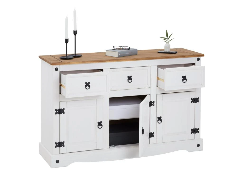Buffet CAMPO Commode Bahut Vaisselier En Pin Massif Blanc Et Brun Avec 3 Tiroirs 3 Portes Meuble De Rangement Style Mexicain En Bois 4 Buffet CAMPO Commode Bahut Vaisselier En Pin Massif Blanc Et Brun Avec 3 Tiroirs 3 Portes Meuble De Rangement Style Mexicain En Bois – Image 4
