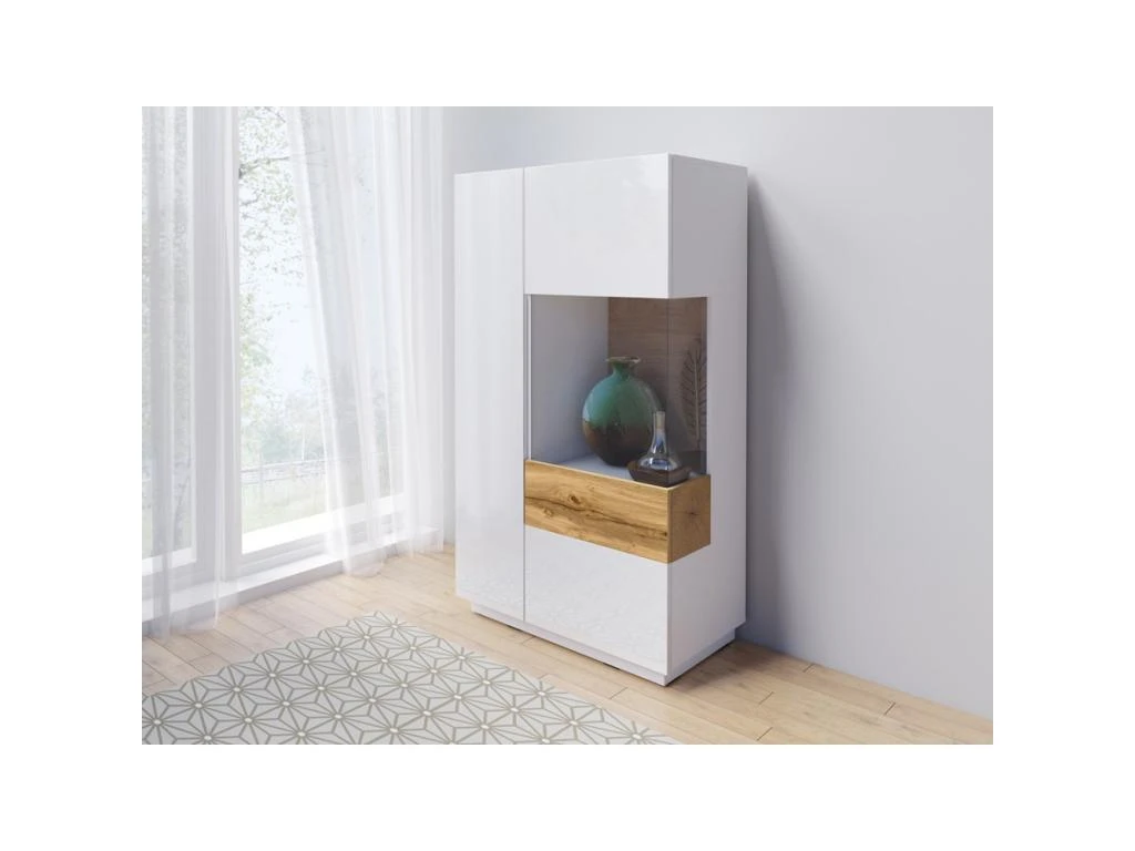 Buffet Haut Avec LED Collection KILES Deux Portes. Coloris Blanc Et Chêne. Porte Vitrée à Droite 2 Buffet Haut Avec LED Collection KILES Deux Portes. Coloris Blanc Et Chêne. Porte Vitrée à Droite – Image 2