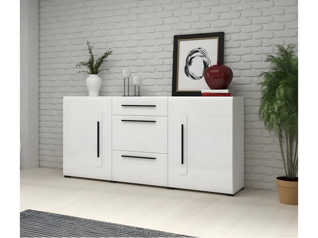 Buffet Design 180cm. Collection BREDA Deux Portes Et Trois Tiroirs. Coloris Blanc. 3 Buffet Design 180cm. Collection BREDA Deux Portes Et Trois Tiroirs. Coloris Blanc. – Image 3
