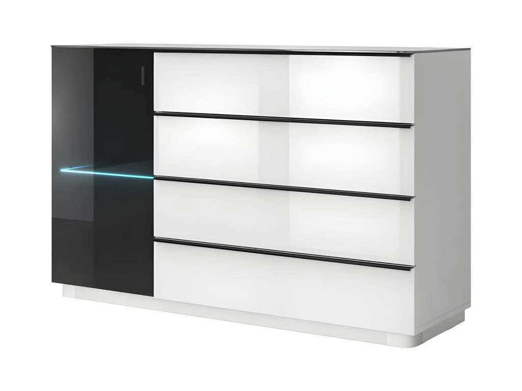 Buffet, Bahut, Enfilade TONGA 4 Tiroirs, Une Porte. Look Ultra Design. Finition Brillante. LEDS Incluses 1 Buffet, Bahut, Enfilade TONGA 4 Tiroirs, Une Porte. Look Ultra Design. Finition Brillante. LEDS Incluses