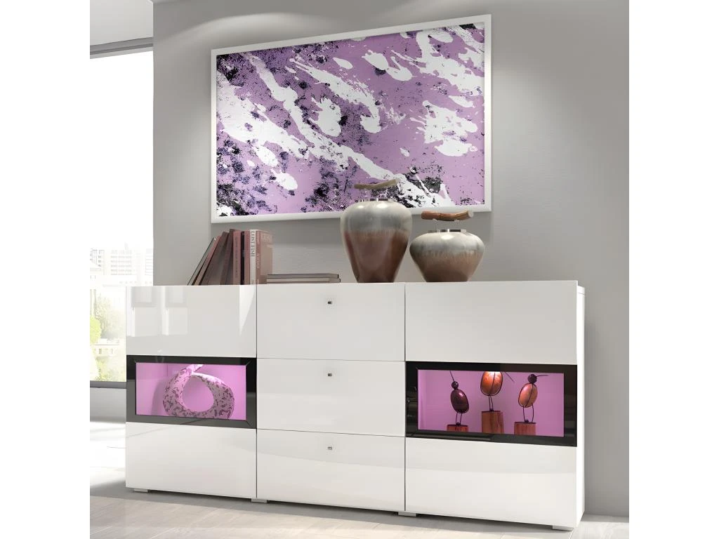 Buffet 2 Portes Et 3 Tiroirs Collection RAMOS. Éclairage LED Intégré. Coloris Blanc Brillant Et Noir 1 Buffet 2 Portes Et 3 Tiroirs Collection RAMOS. Éclairage LED Intégré. Coloris Blanc Brillant Et Noir