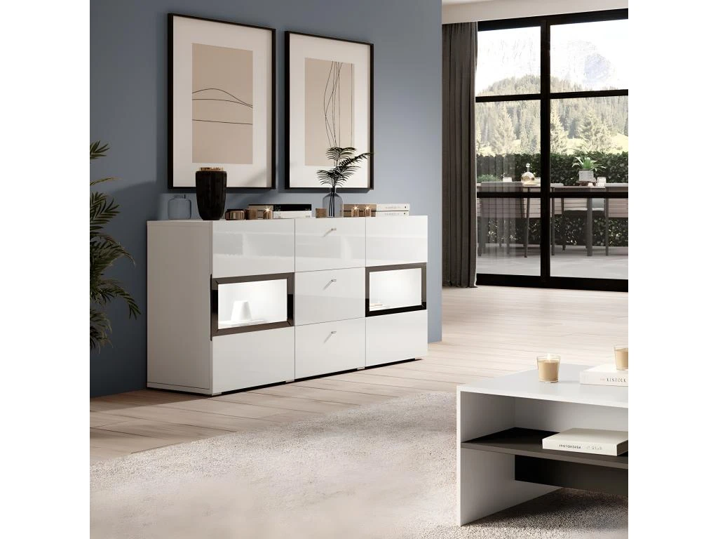 Buffet 2 Portes Et 3 Tiroirs Collection RAMOS. Éclairage LED Intégré. Coloris Blanc Brillant Et Noir 2 Buffet 2 Portes Et 3 Tiroirs Collection RAMOS. Éclairage LED Intégré. Coloris Blanc Brillant Et Noir – Image 2
