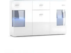 Buffet Design KIELS 150 Cm, 3 Portes Et 1 Tiroir, Coloris Blanc Brillant + éclairage LED.