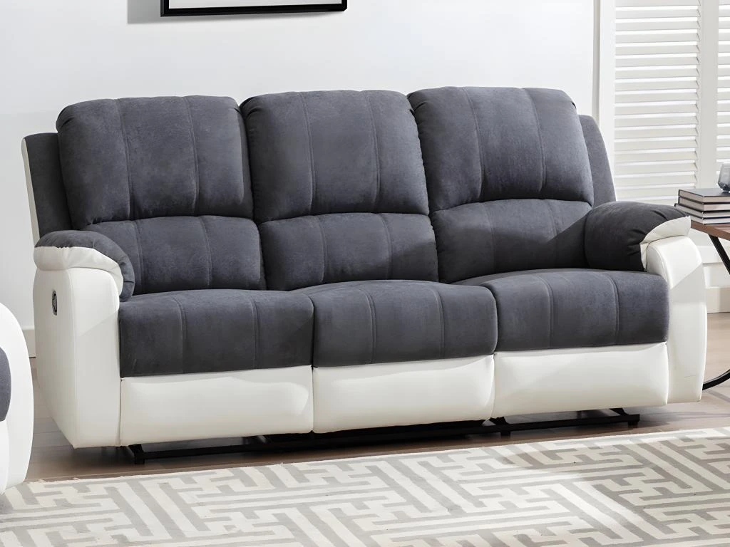 Canapé 3 Places Relax En Microfibre Et Simili Gris Et Blanc BRODY 1 Canapé 3 Places Relax En Microfibre Et Simili Gris Et Blanc BRODY