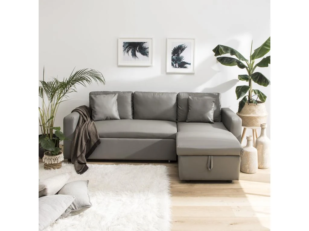 Canapé D'angle Convertible Simili CLARK 3 Places Taupe - HAPPY GARDEN 1 Canapé D'angle Convertible Simili CLARK 3 Places Taupe - HAPPY GARDEN