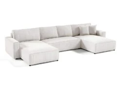 Canapé En U 5 Places Avec Coffre Isaac Velours Côtelé Blanc Cassé