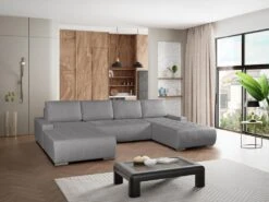 Canapé D'angle Panoramique Convertible En Tissu Gris LEANZA