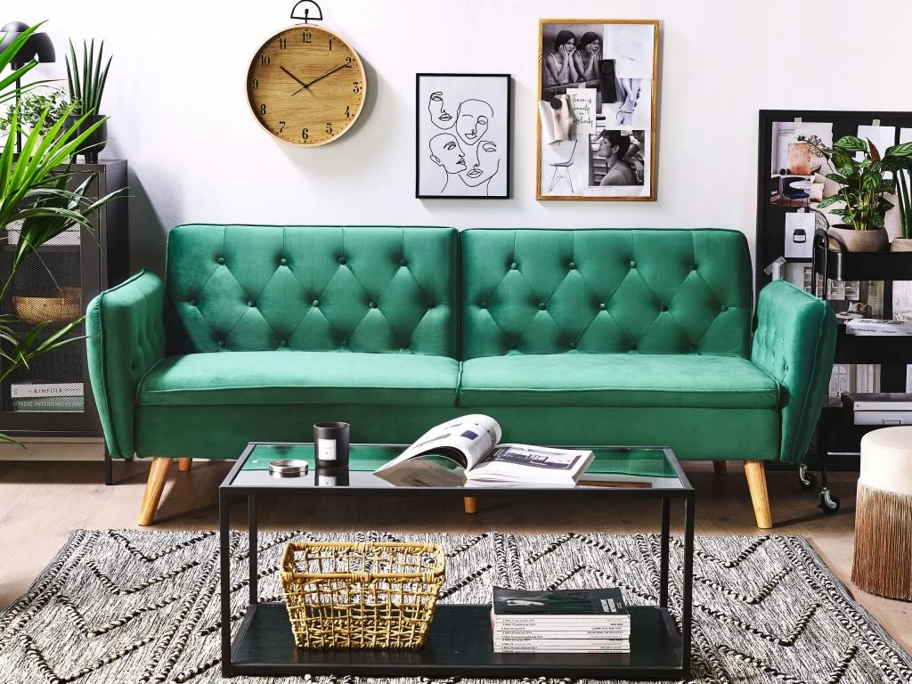 Canapé Convertible 2 Places En Velours Vert Foncé BARDU 1 Canapé Convertible 2 Places En Velours Vert Foncé BARDU