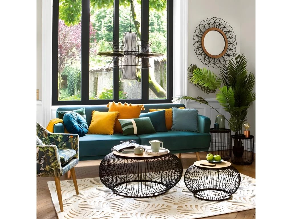 Canapé 3 Places Velours Convertible Jack Atmosphera - Bleu Canard 2 Canapé 3 Places Velours Convertible Jack Atmosphera - Bleu Canard – Image 2