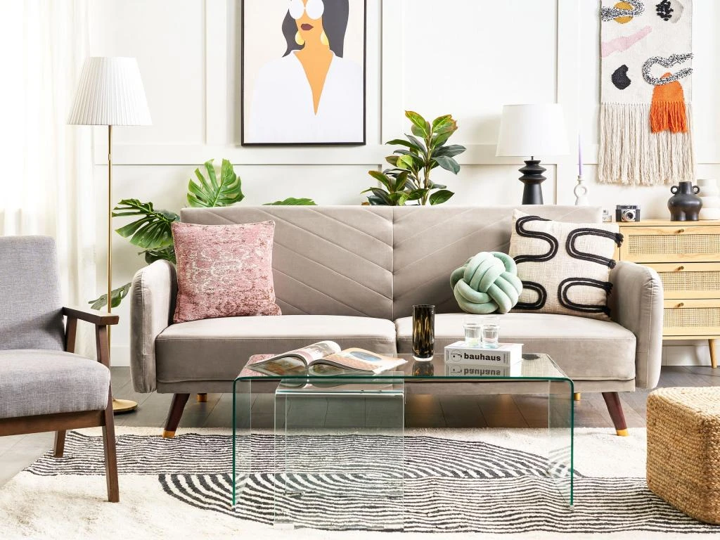 Canapé Convertible 3 Places En Velours Taupe SENJA 1 Canapé Convertible 3 Places En Velours Taupe SENJA