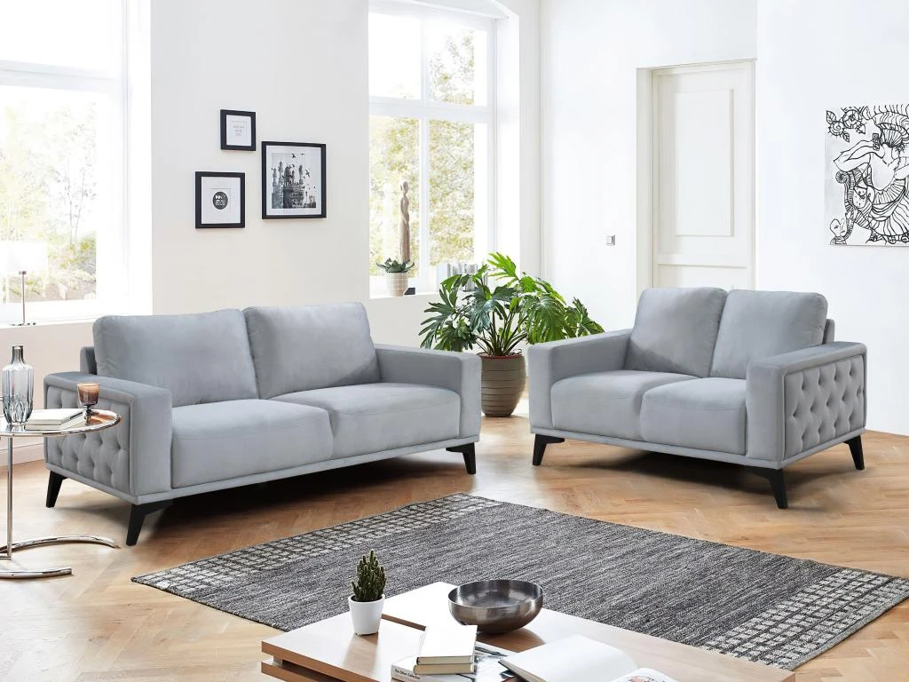 Canapé 3 Places En Velours Gris Clair AZILIS 1 Canapé 3 Places En Velours Gris Clair AZILIS