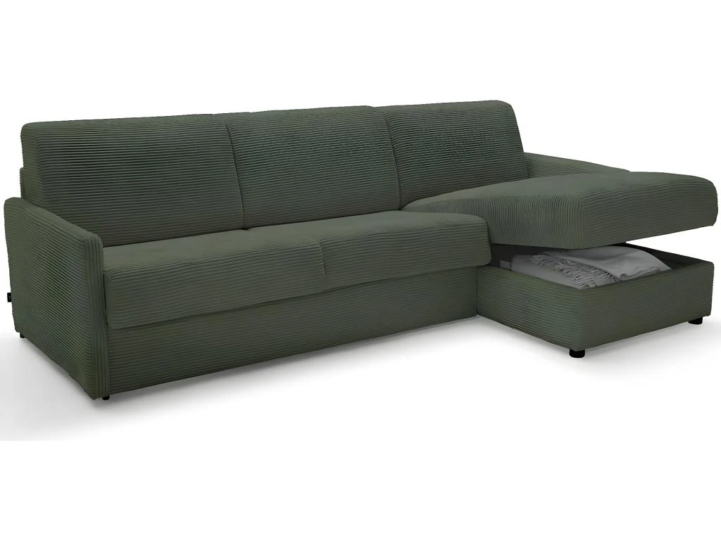 Canapé D'angle Réversible Convertible 3 Places En Velours Côtelé Vert - Ouverture Express - Couchage Quotidien - Sienne 2 Canapé D'angle Réversible Convertible 3 Places En Velours Côtelé Vert - Ouverture Express - Couchage Quotidien - Sienne – Image 2