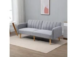 Canapé Convertible 2 Places Design Scandinave Dossier Inclinable 3 Positions Pieds Bois Tissu Aspect Lin Gris