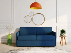 Canapé 4 Places Convertible Express En Tissu CALIFE - Bleu Foncé - Couchage à Lattes Larges 160 Cm - Matelas 18 Cm