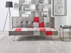 Canapé Convertible 3 Places En Velours Gris Et Rouge OLSKER