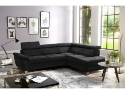 Canapé D'angle En Tissu Velours Luxe 5 Places LUGO Noir, Angle Droit