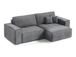 Canapé D'angle Réversible Et Convertible 3 Places Avec Coffre Isaac Mini Velours Côtelé Gris