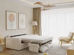 Canapé 3 Places Convertible Express En Velours Côtelé Crème - Couchage 140 Cm - Matelas 14 Cm - BEVIS -Deco.fr Soldes Boutique canape 13670853