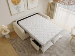 Canapé 3 Places Convertible Express En Velours Côtelé Crème - Couchage 140 Cm - Matelas 14 Cm - BEVIS -Deco.fr Soldes Boutique canape 13670857