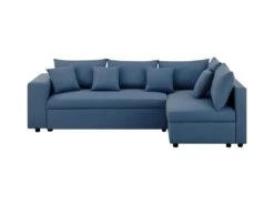 Canapé D'angle Droite Convertible + Coffre De Rangement + 4 Coussins - Tissu Bleu - OWENS