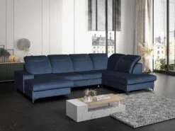 Canapé D'angle Panoramique Droit Convertible En Velours Bleu Nuit SANTANA